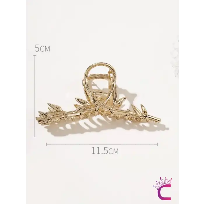 Zarif Bambu Yaprak Tasarım Gold Metal Kadın Mandal Toka 11.5cm - Büyük Boy Mandallı Saç Topuz Tokası