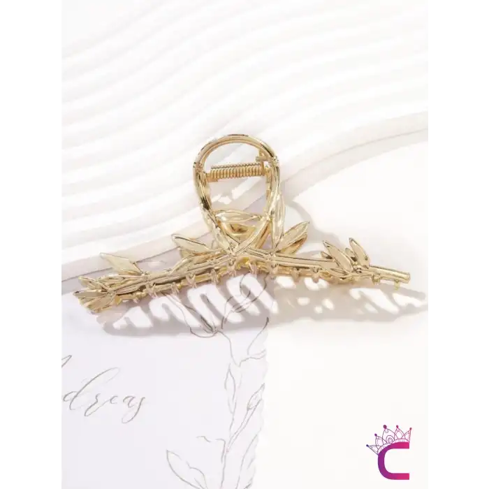 Zarif Bambu Yaprak Tasarım Gold Metal Kadın Mandal Toka 11.5cm - Büyük Boy Mandallı Saç Topuz Tokası