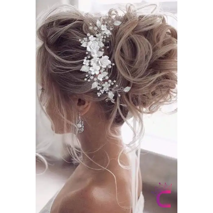 Zarif Beyaz Çiçekli İncili Gelin Tacı Gümüş - Helen Saç Bandı Topuz Tokası Düğün Nişan Aksesuarı