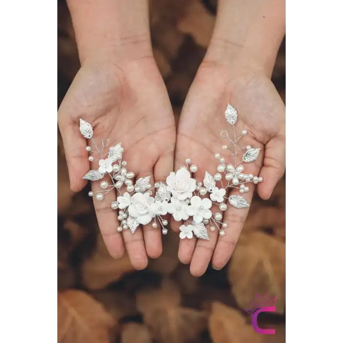 Zarif Beyaz Çiçekli İncili Gelin Tacı Gümüş - Helen Saç Bandı Topuz Tokası Düğün Nişan Aksesuarı