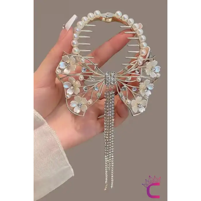 Zarif Beyaz Sedef Çiçekli Kelebek Tasarım Zirkon Taşlı Sallantılı Yaylı Topuz Saç Tokası Gold Metal