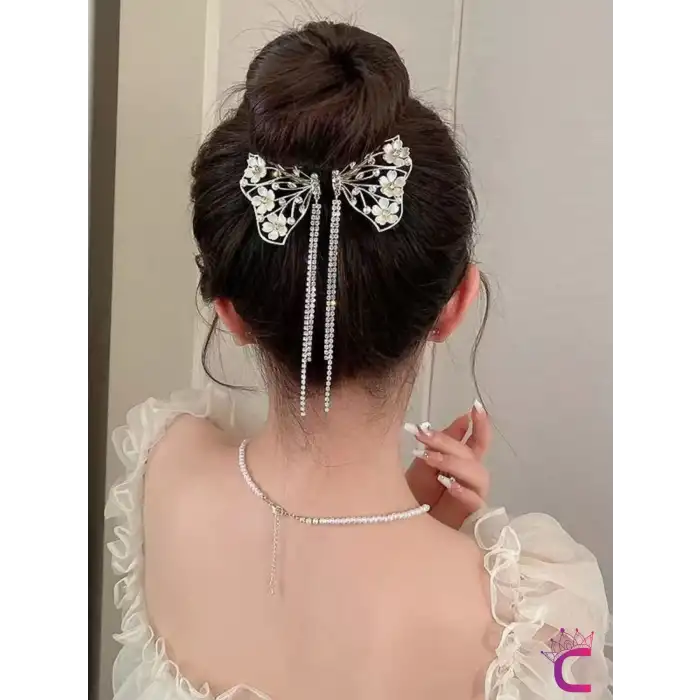 Zarif Beyaz Sedef Çiçekli Kelebek Tasarım Zirkon Taşlı Sallantılı Yaylı Topuz Saç Tokası Gold Metal