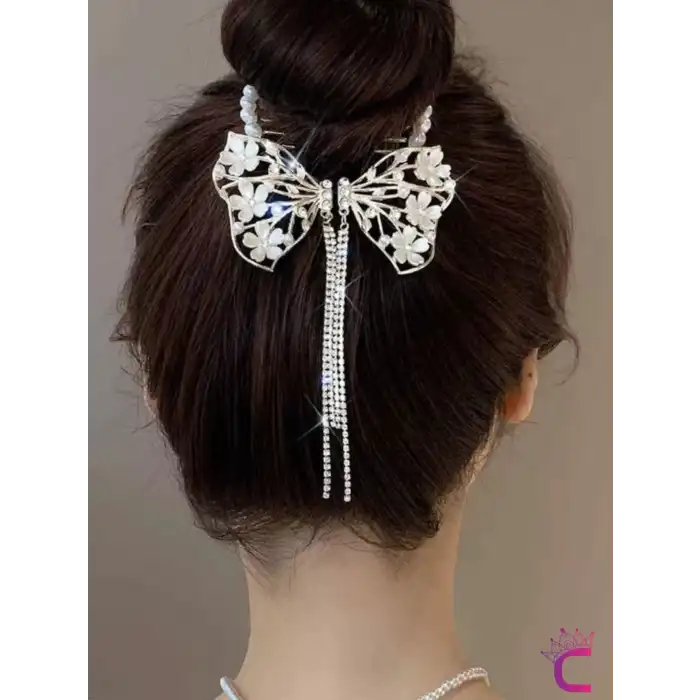 Zarif Beyaz Sedef Çiçekli Kelebek Tasarım Zirkon Taşlı Sallantılı Yaylı Topuz Saç Tokası Gold Metal