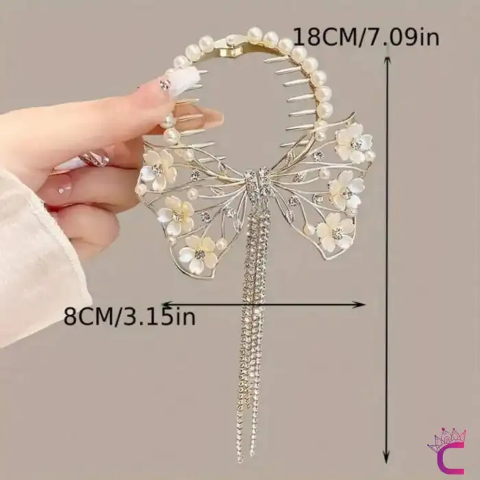 Zarif Beyaz Sedef Çiçekli Kelebek Tasarım Zirkon Taşlı Sallantılı Yaylı Topuz Saç Tokası Gold Metal