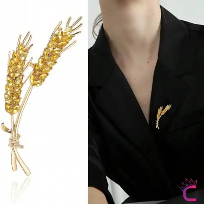 Zarif Buğday Başağı Tasarım Taşlı Kadın Broş Gold - Hediyelik Elbise Ceket Yaka İğnesi Rozet