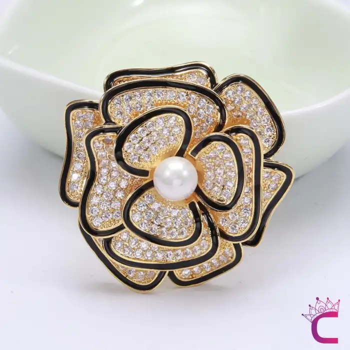 Zarif Büyük İncili Yapraklı Çiçekli RhineStone Taşlı Kadın Broş - Hediyelik Elbise Ceket Yaka İğnesi