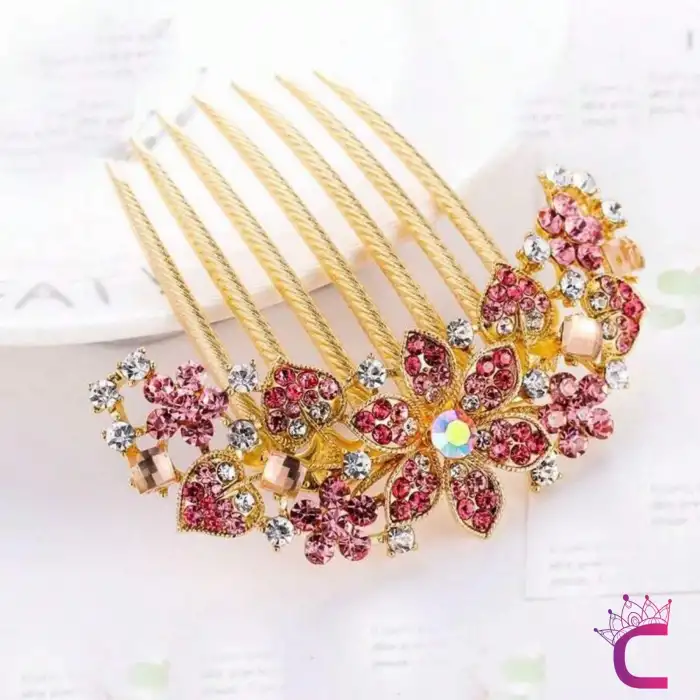 Zarif Çiçekli Kalpli Kristal Taşlı Geniş Taraklı Saç Topuz Tokası Pembe Hediyelik Kadın Aksesuar