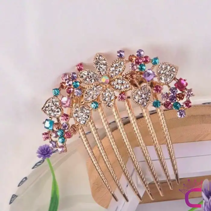 Zarif Çiçekli Kristal Taşlı Geniş Taraklı Saç Topuz Tokası Gökkuşağı Gelin Düğün Söz Tarak Toka