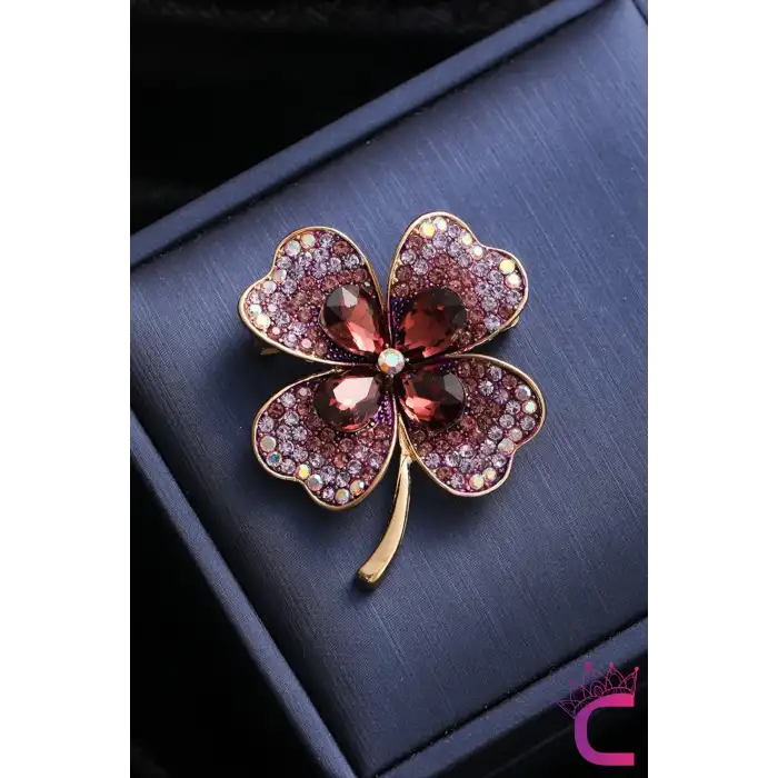 Zarif Çiçekli Kristal Taşlı Mor Yonca Tasarım Kadın Broş - Hediyelik Elbise Ceket Yaka İğnesi Broşu