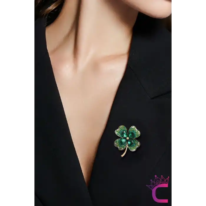 Zarif Çiçekli Kristal Taşlı Yeşil Yonca Tasarım Kadın Broş - Hediyelik Elbise Yaka İğnesi Broşu