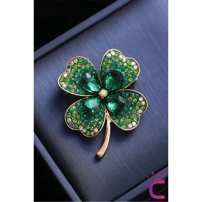 Zarif Çiçekli Kristal Taşlı Yeşil Yonca Tasarım Kadın Broş - Hediyelik Elbise Yaka İğnesi Broşu