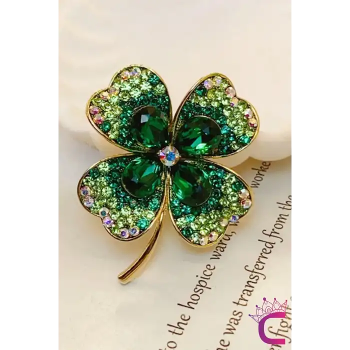 Zarif Çiçekli Kristal Taşlı Yeşil Yonca Tasarım Kadın Broş - Hediyelik Elbise Yaka İğnesi Broşu