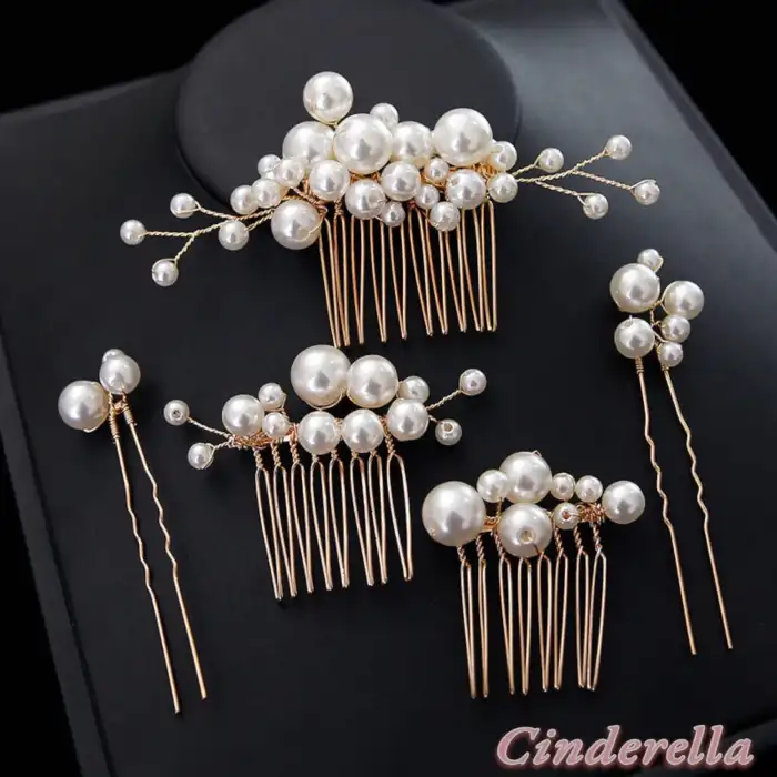 Zarif İnci Detaylı İncili Taşlı Gelin Tacı Firkete Seti Gold - Düğün Nişan Nikah Söz Saç Aksesuarı