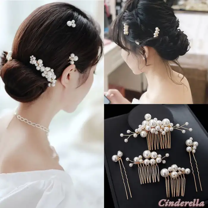 Zarif İnci Detaylı İncili Taşlı Gelin Tacı Firkete Seti Gold - Düğün Nişan Nikah Söz Saç Aksesuarı