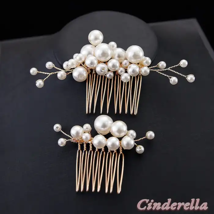 Zarif İnci Detaylı İncili Taşlı Gelin Tacı Firkete Seti Gold - Düğün Nişan Nikah Söz Saç Aksesuarı