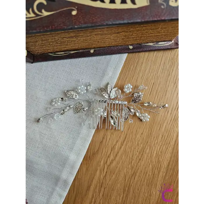 Zarif İncili Çiçekli Taşlı Gümüş Yapraklı Gelin Tacı Taraklı Toka - Düğün Nişan Nikah Saç Aksesuarı