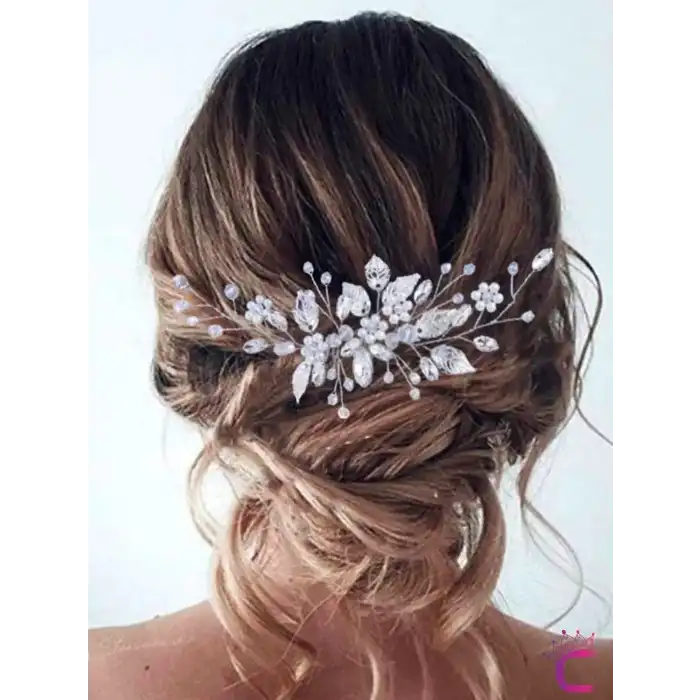 Zarif İncili Çiçekli Taşlı Gümüş Yapraklı Gelin Tacı Taraklı Toka - Düğün Nişan Nikah Saç Aksesuarı