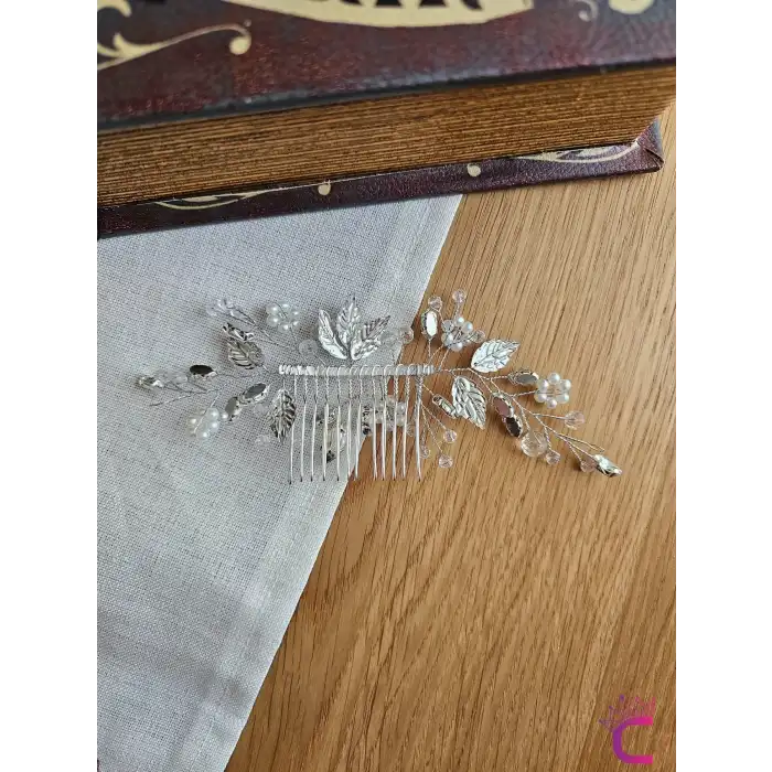 Zarif İncili Çiçekli Taşlı Gümüş Yapraklı Gelin Tacı Taraklı Toka - Düğün Nişan Nikah Saç Aksesuarı