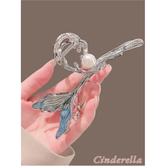 Zarif İncili Deniz Kızı Balık Kuyruğu Model Büyük Metal Mandal Toka - Gür Saç Mandallı Topuz Tokası