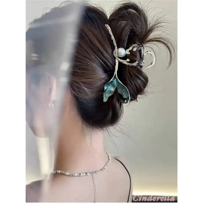 Zarif İncili Deniz Kızı Balık Kuyruğu Model Büyük Metal Mandal Toka - Gür Saç Mandallı Topuz Tokası