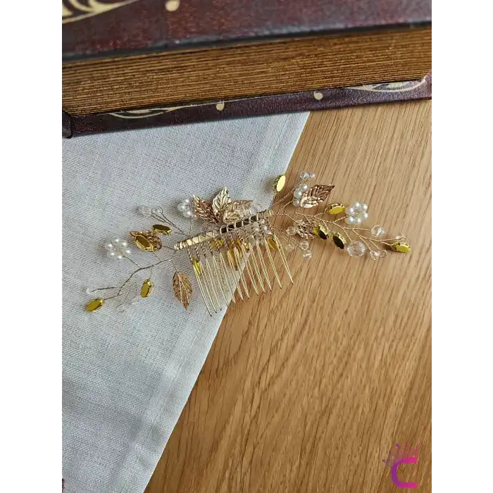 Zarif İncili Kristal Taşlı Gold Yapraklı Gelin Tacı Tokası Taraklı - Düğün Nişan Nikah Saç Aksesuarı