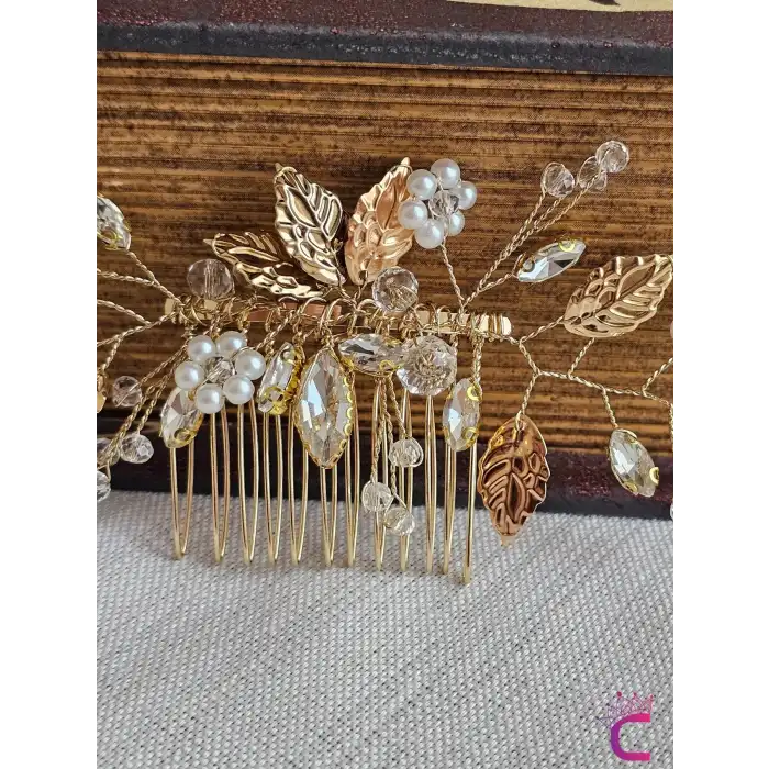 Zarif İncili Kristal Taşlı Gold Yapraklı Gelin Tacı Tokası Taraklı - Düğün Nişan Nikah Saç Aksesuarı