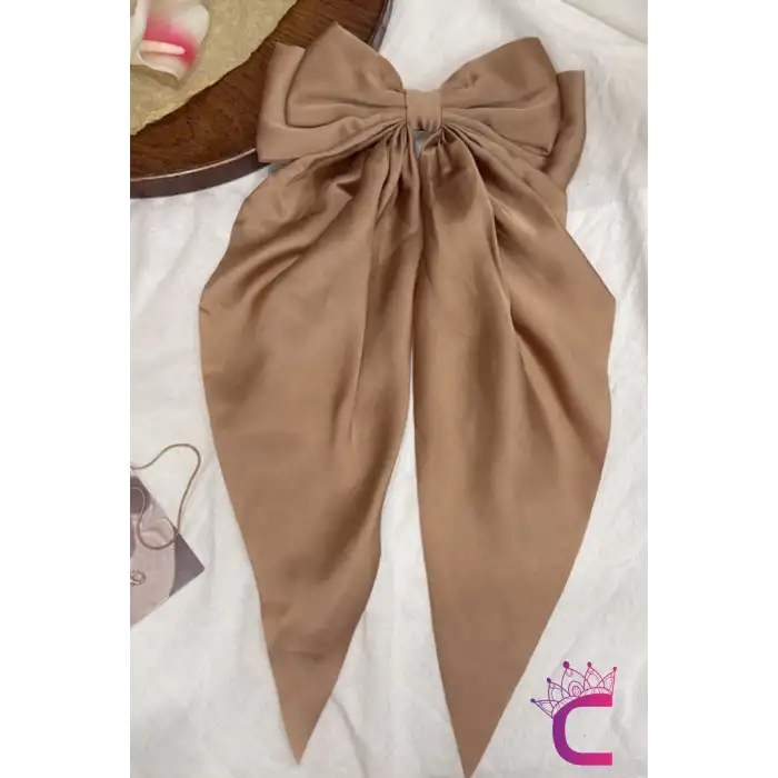 Zarif Kadın Büyük Otomatik Saten Fiyonk Toka Bej Renkli - Kurdeleli Fiyonklu Klipsli Saç Tokası