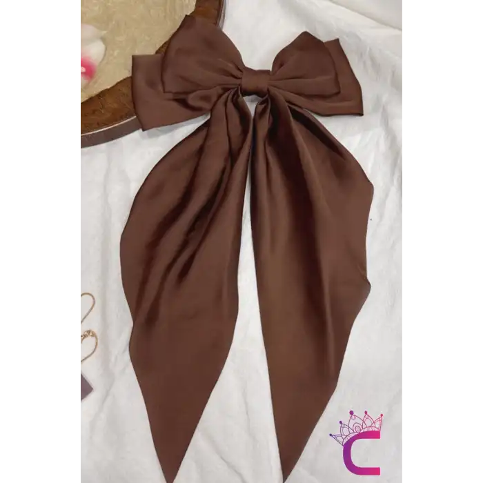Zarif Kadın Büyük Otomatik Saten Fiyonk Toka Kahverengi - Kurdeleli Fiyonklu Klipsli Saç Tokası