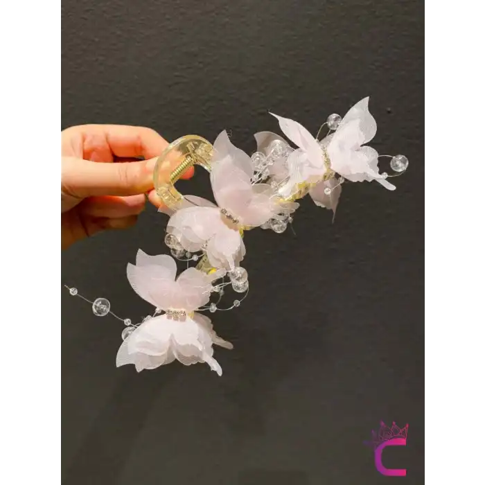 Zarif Kadın Pembe Tül Kelebek Mandal Toka 13cm Büyük Boy - Boncuklu Taşlı Kelebekli Saç Topuz Tokası