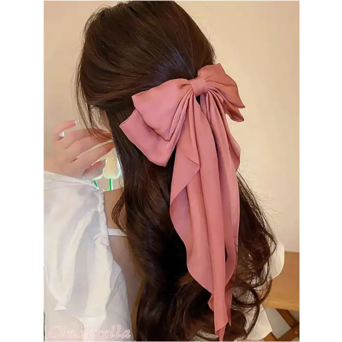 Zarif Kadın Saten Büyük Fiyonk Otomatik Toka Pembe - Kurdele Fiyonklu Klipsli Saç Tokası