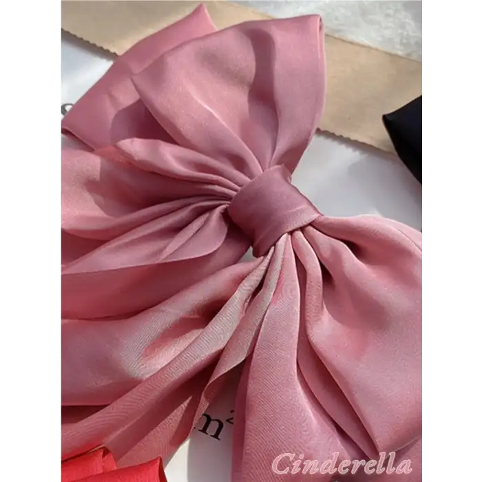 Zarif Kadın Saten Büyük Fiyonk Otomatik Toka Pembe - Kurdele Fiyonklu Klipsli Saç Tokası