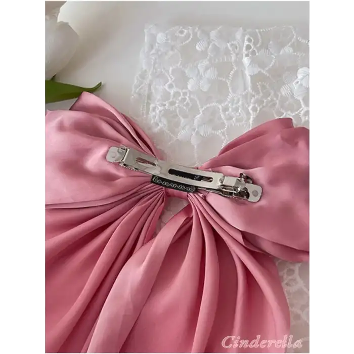 Zarif Kadın Saten Büyük Fiyonk Otomatik Toka Pembe - Kurdele Fiyonklu Klipsli Saç Tokası