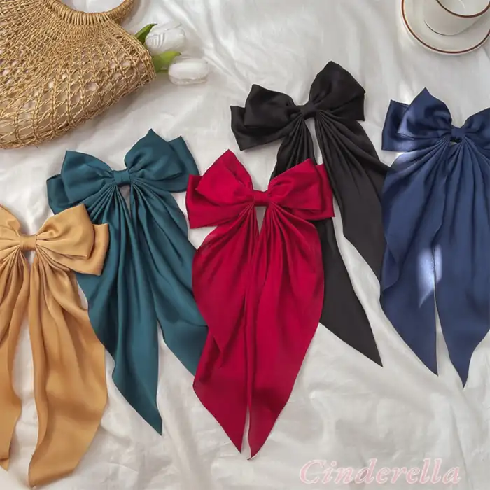 Zarif Kadın Saten Büyük Fiyonk Otomatik Toka Bordo - Kurdele Fiyonklu Klipsli Saç Tokası