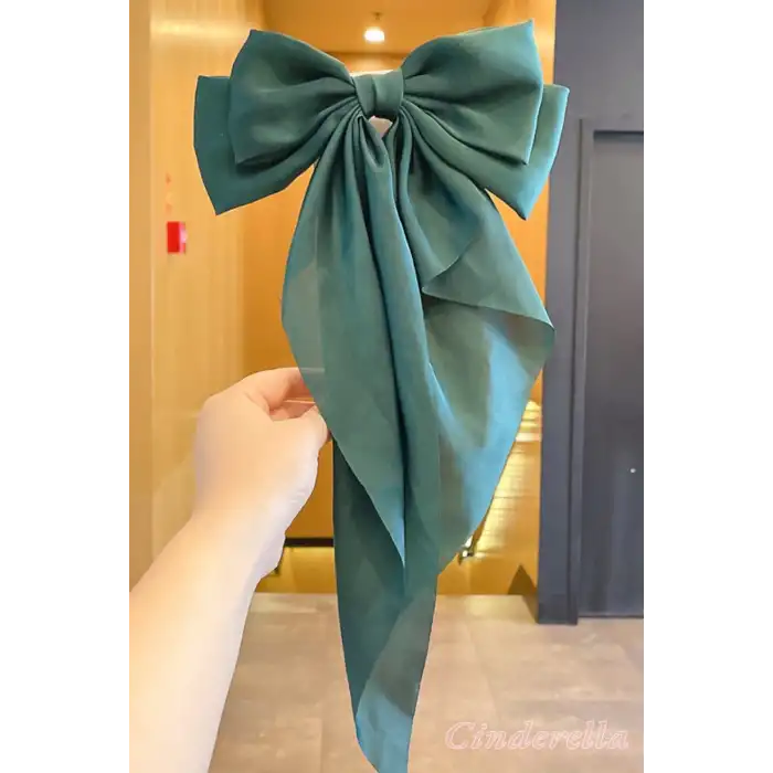 Zarif Kadın Saten Büyük Fiyonk Otomatik Toka Yeşil - Kurdele Fiyonklu Klipsli Saç Tokası