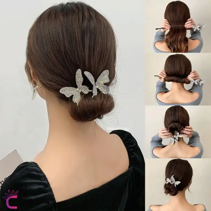 Zarif Kelebekli Zirkon Taşlı Kadın Kolay Telli Topuz Tokası Gümüş Renk - Günlük Şık Saç Aksesuarı
