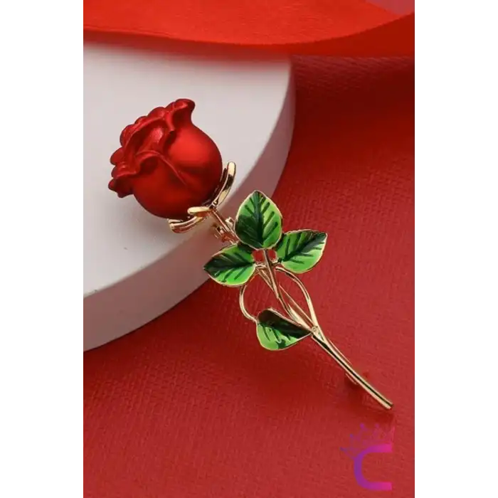 Zarif Kırmızı Gül Tasarım Çiçekli Kadın Broş Hediyelik Sevgililer Günü Hediyesi Yaka İğnesi Broşu