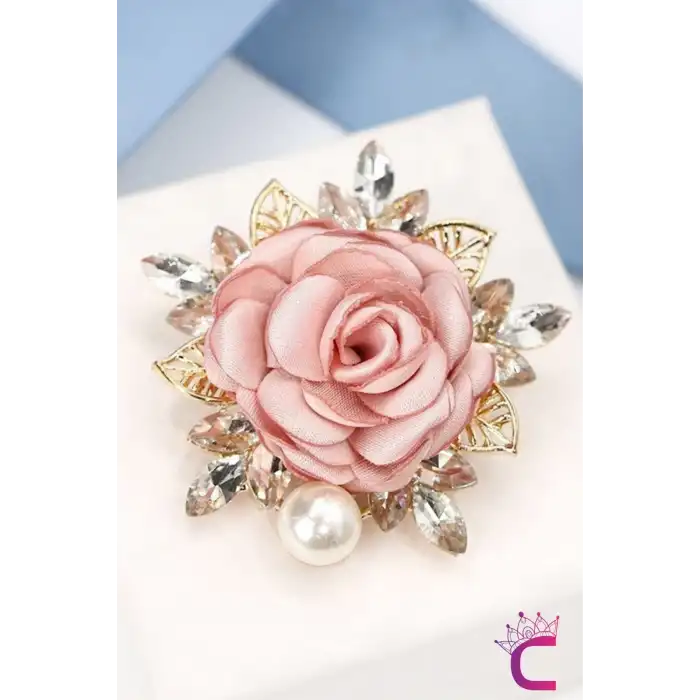 Zarif Kristal Taşlı İncili Kumaş Çiçekli Kadın Gül Broş - Hediyelik Düğün Aksesuar Yaka İğnesi