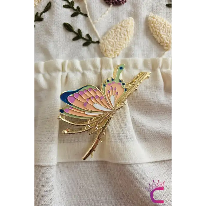 Zarif Mineli Kelebek Metal Kadın Mandal Toka 11cm - Kelebekli Mandallı Saç Topuz Tokası Hediyelik