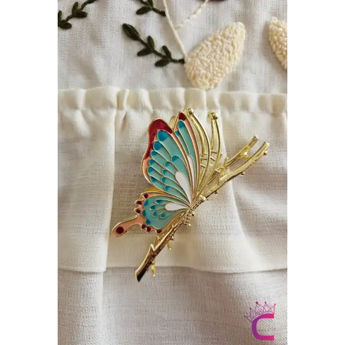 Zarif Mineli Kelebek Metal Kadın Mandal Toka 11cm - Kelebekli Mandallı Saç Topuz Tokası Hediyelik