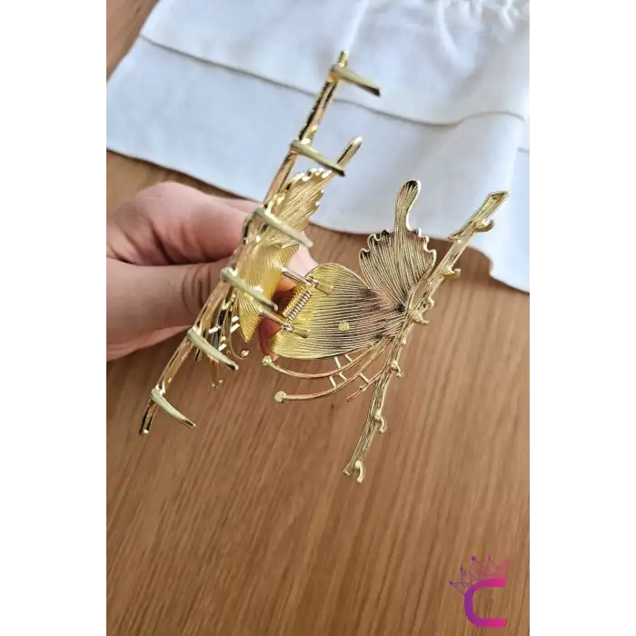 Zarif Mineli Kelebek Metal Kadın Mandal Toka 11cm - Kelebekli Mandallı Saç Topuz Tokası Hediyelik