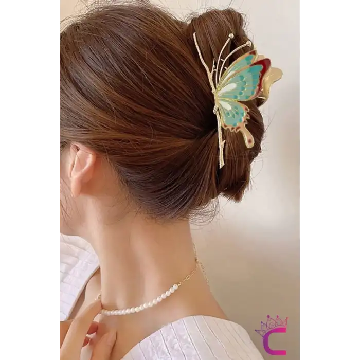 Zarif Mineli Kelebek Metal Kadın Mandal Toka 11cm - Kelebekli Mandallı Saç Topuz Tokası Hediyelik
