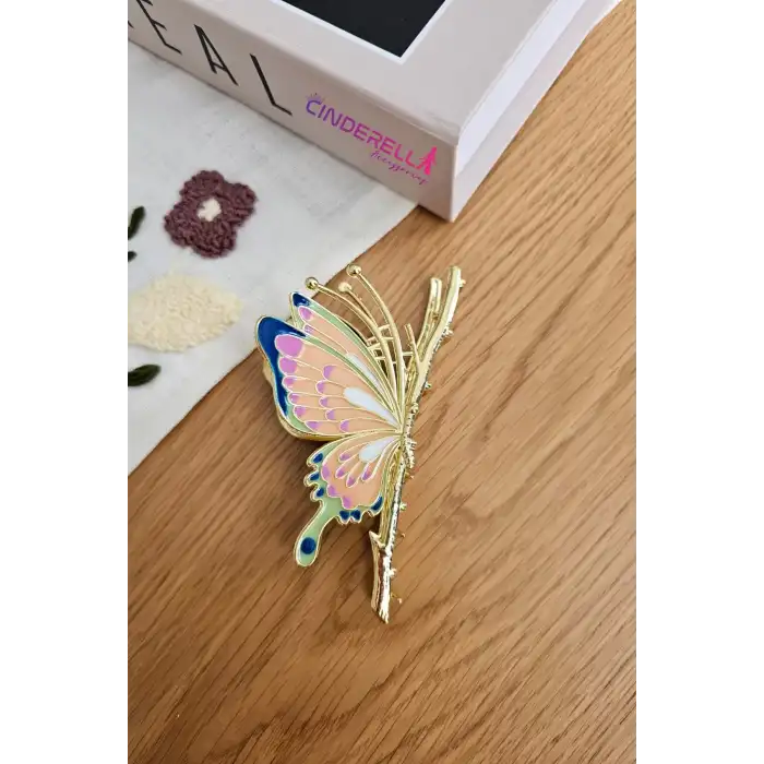 Zarif Mineli Kelebek Metal Kadın Mandal Toka 11cm - Kelebekli Mandallı Saç Topuz Tokası Hediyelik