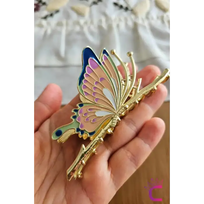 Zarif Mineli Kelebek Metal Kadın Mandal Toka 11cm - Kelebekli Mandallı Saç Topuz Tokası Hediyelik