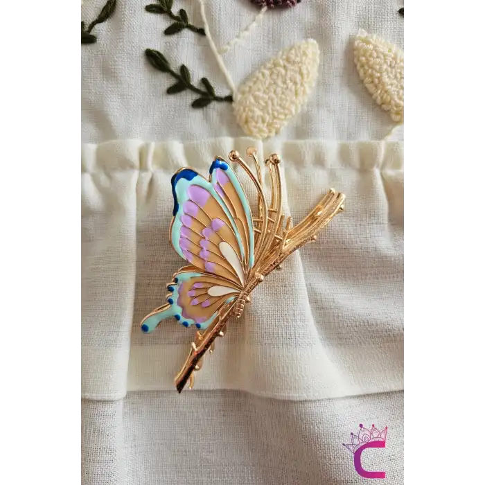 Zarif Mineli Kelebek Metal Kadın Mandal Toka 11cm - Kelebekli Mandallı Saç Topuz Tokası Hediyelik