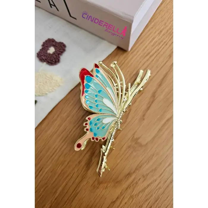 Zarif Mineli Kelebek Metal Kadın Mandal Toka 11cm - Kelebekli Mandallı Saç Topuz Tokası Hediyelik