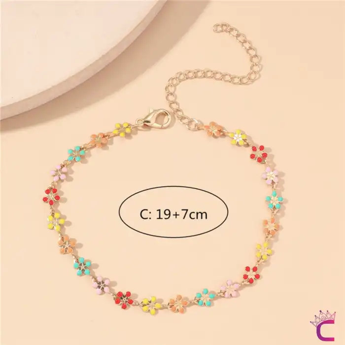 Zarif Mini Çiçek Dekor Renkli Kadın Halhal - Yaz Deniz Kombini Ayarlanabilir Bijuteri Halhal