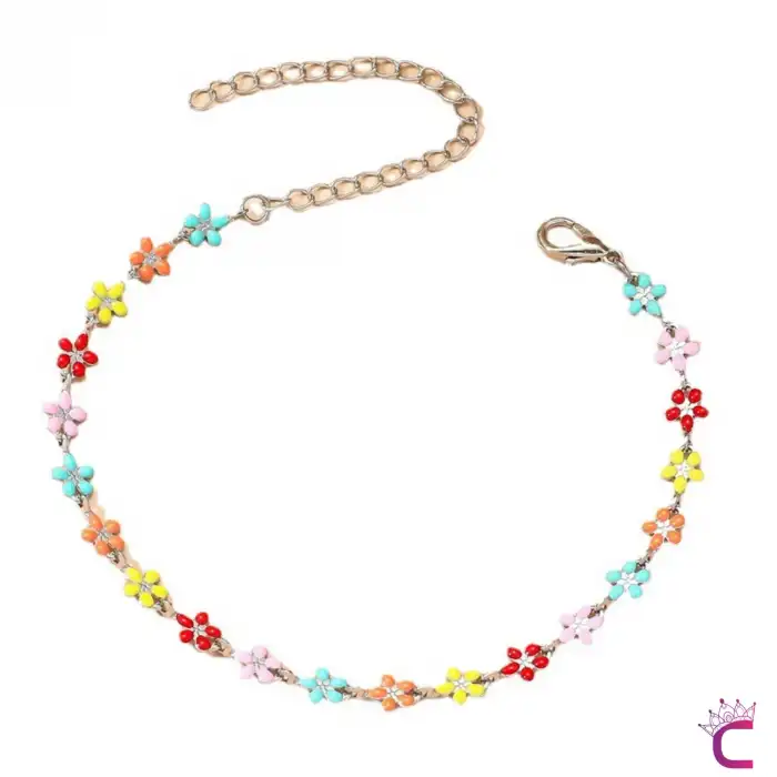 Zarif Mini Çiçek Dekor Renkli Kadın Halhal - Yaz Deniz Kombini Ayarlanabilir Bijuteri Halhal