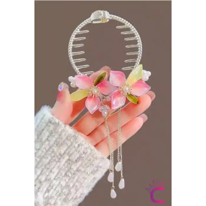 Zarif Pembe Yeşil Çiçekli İncili Taşlı Kadın Sallantılı Yaylı Saç Topuz Tokası Metal Gold