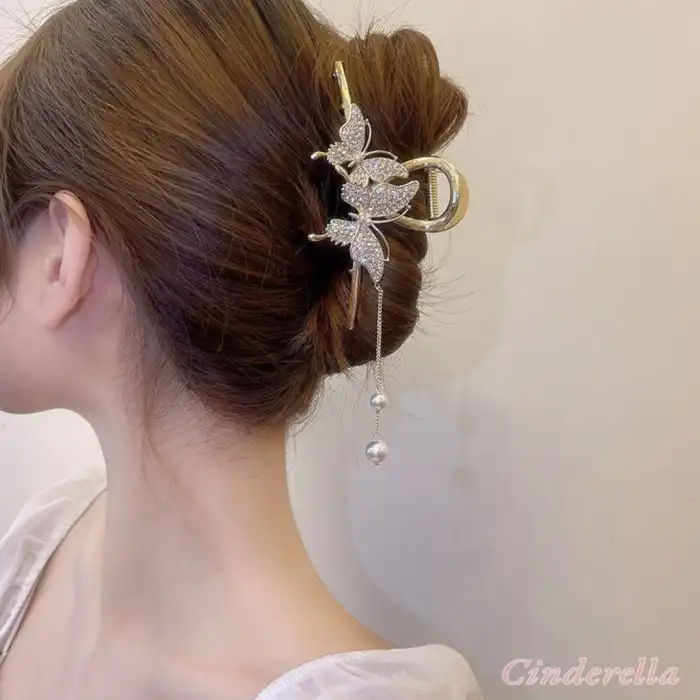 Zarif Sallantılı İncili Kelebekli Kadın Metal Mandal Toka Gold - Kristal Taşlı Topuz Saç Tokası