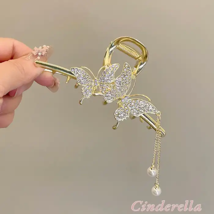 Zarif Sallantılı İncili Kelebekli Kadın Metal Mandal Toka Gold - Kristal Taşlı Topuz Saç Tokası